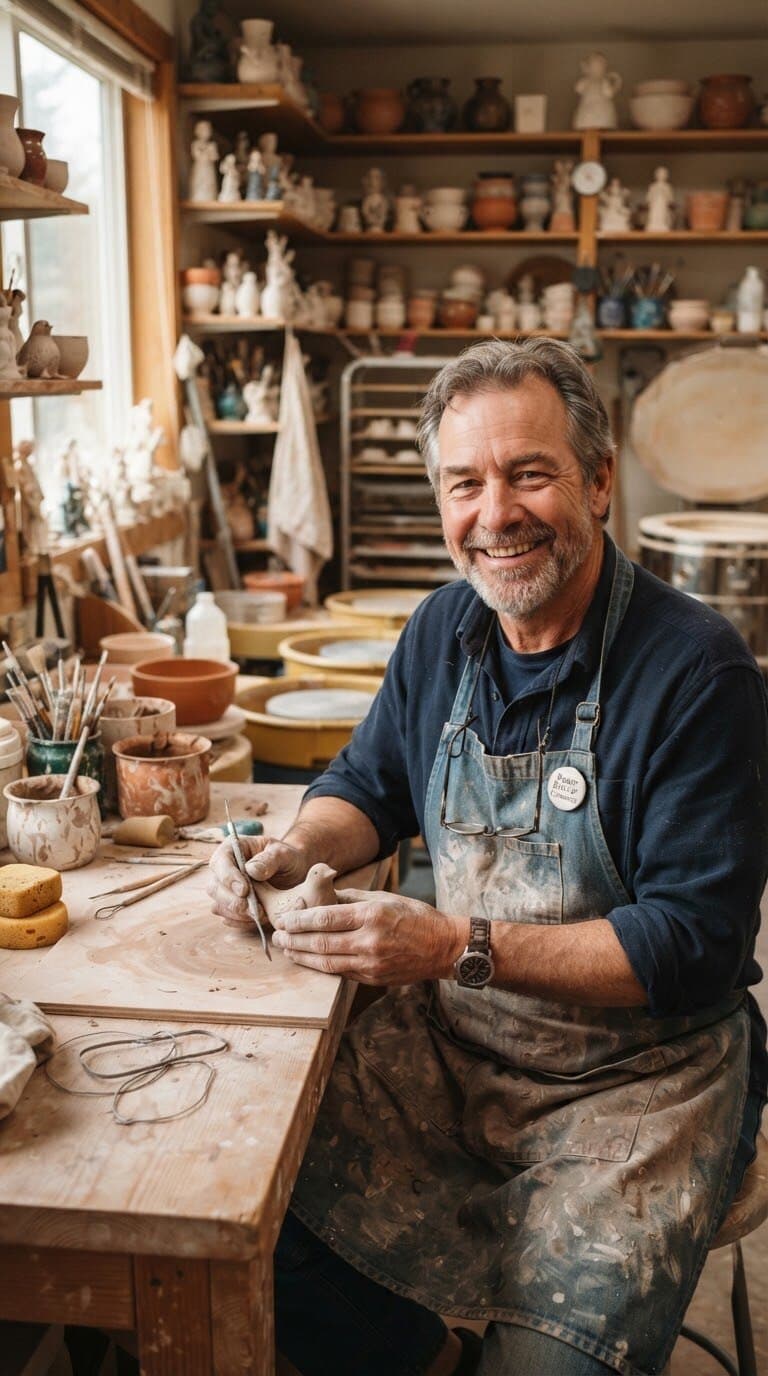 Roger sorrindo à bancada do ateliê, cercado de prateleiras com peças de porcelana fria