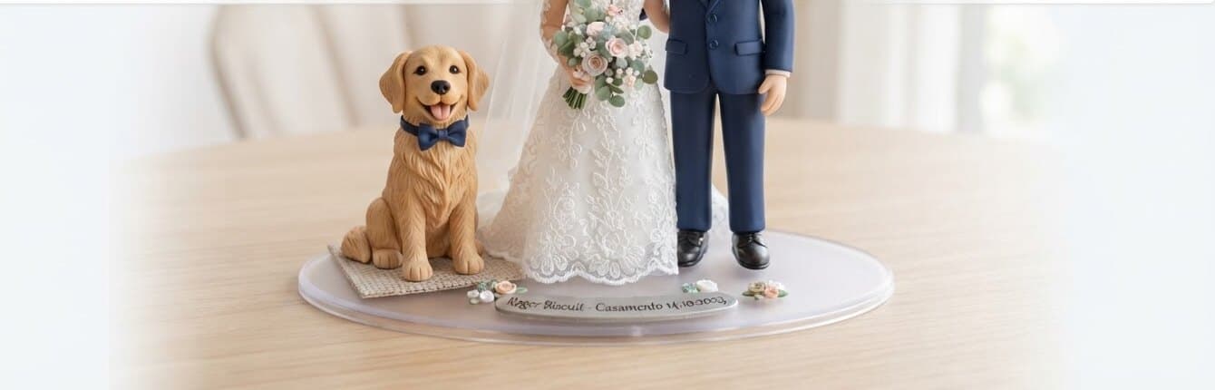 Detalhe de um topo de bolo em biscuit: o cachorro golden retriever e a barra rendada do vestido da noiva