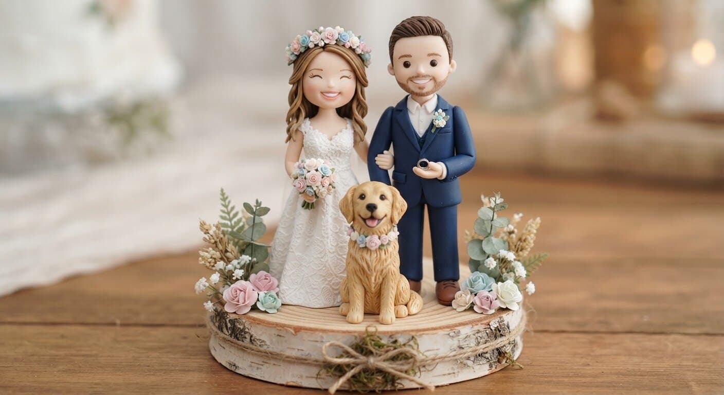 Topo de bolo de casamento em biscuit: noiva de vestido rendado, noivo de terno azul e um golden retriever, sobre base rústica de madeira com flores