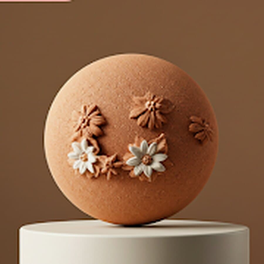Vaso decorativo esférico em biscuit cor terracota, com flores brancas e apliques florais modelados à mão, sobre pedestal claro